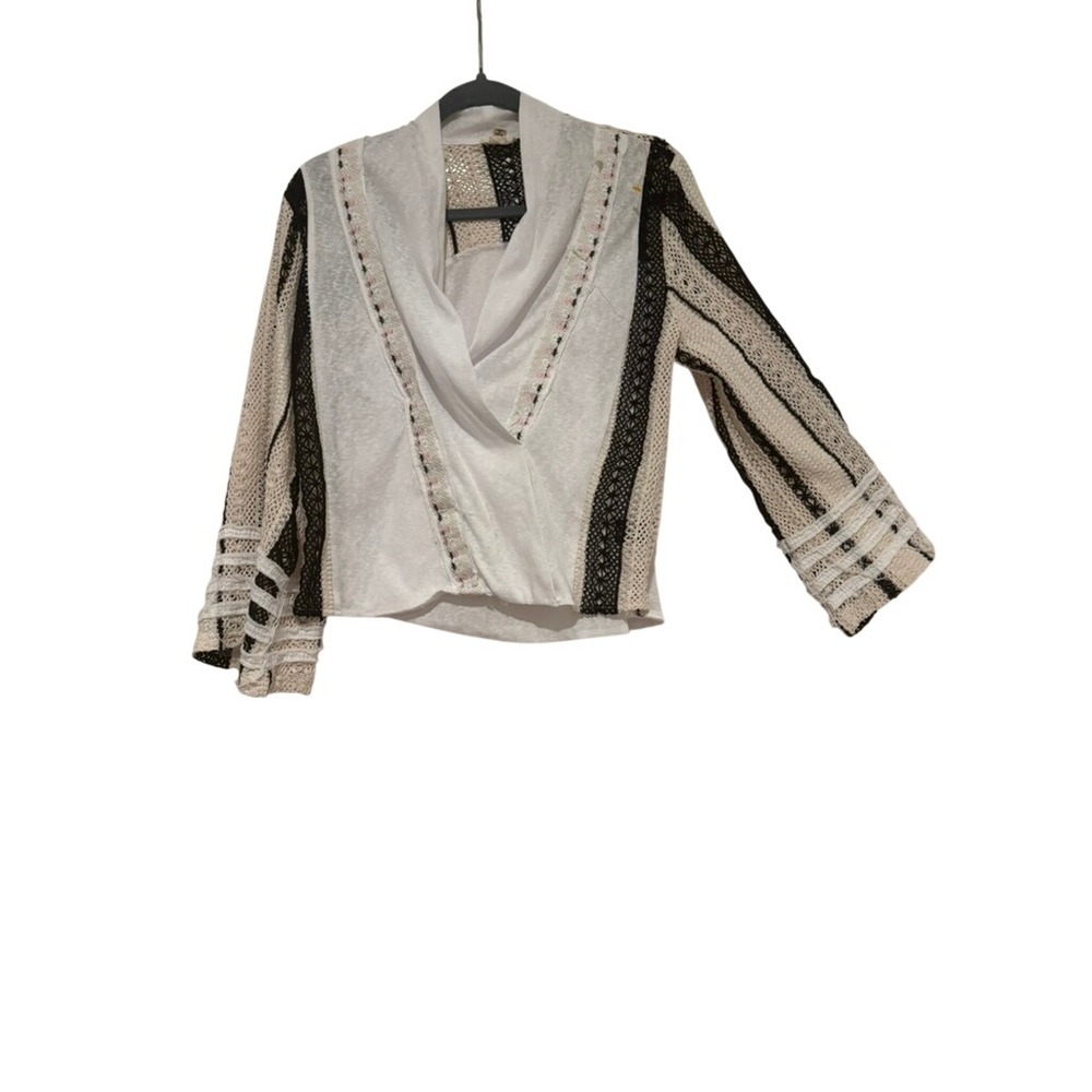 POL sz S boho hippie embroidered crochet V neck long sleeve sweater P